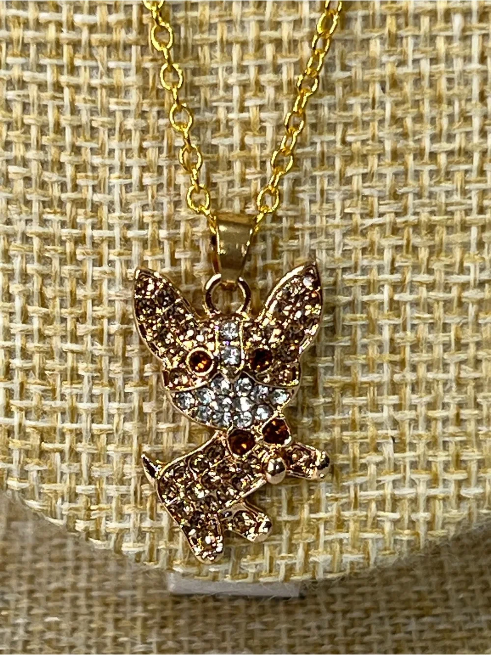 Gold Tone Crystal Fox Pendant Necklace - Gold